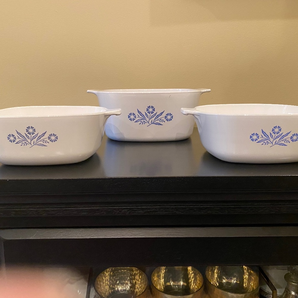 Vintage Corningware Casserole Dishes in Blue Cornflower Large and Medium Sizes